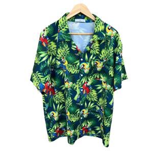 Men's Vintage Hawaiian Shirt Button Up Colorful Parrot Leaf Print Size Large